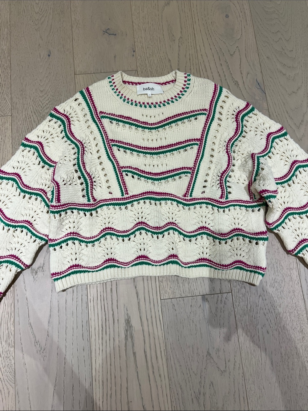 ba&sh Cream Eyelet Knit Sweater with Pink and Green Stripes